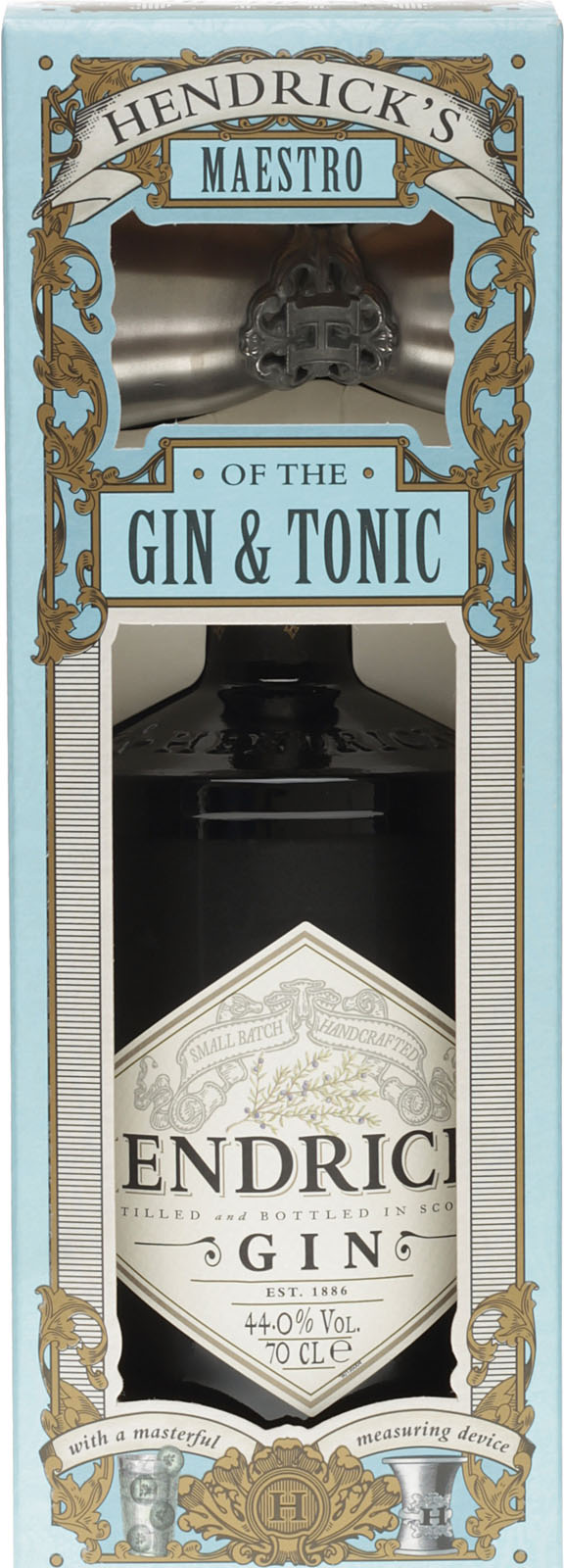 Hendricks Gin in einer Geschenkverpackung mit Jigger im