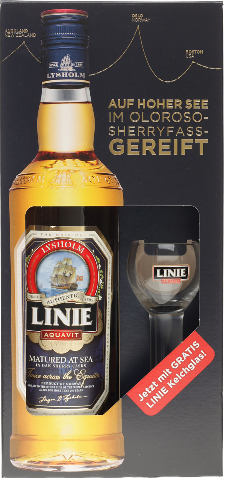 Linie Aquavit 0,7 Liter 41,5 % Vol. Geschenkset mit Gla