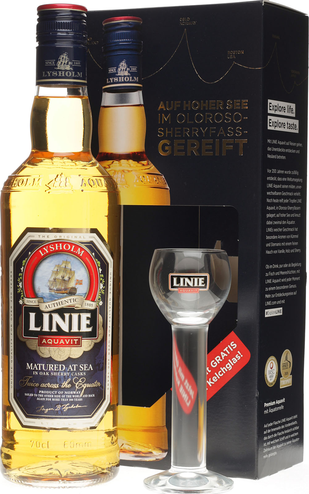 Linie Aquavit 0,7 Liter 41,5 % Vol. Geschenkset mit Gla